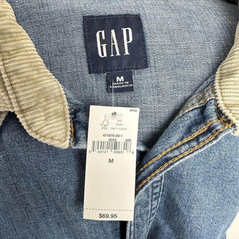 Men's GAP NWT Pearl Snap Denim Shirt XL Medium Wash Corduroy Collar Long‎ Sleeve